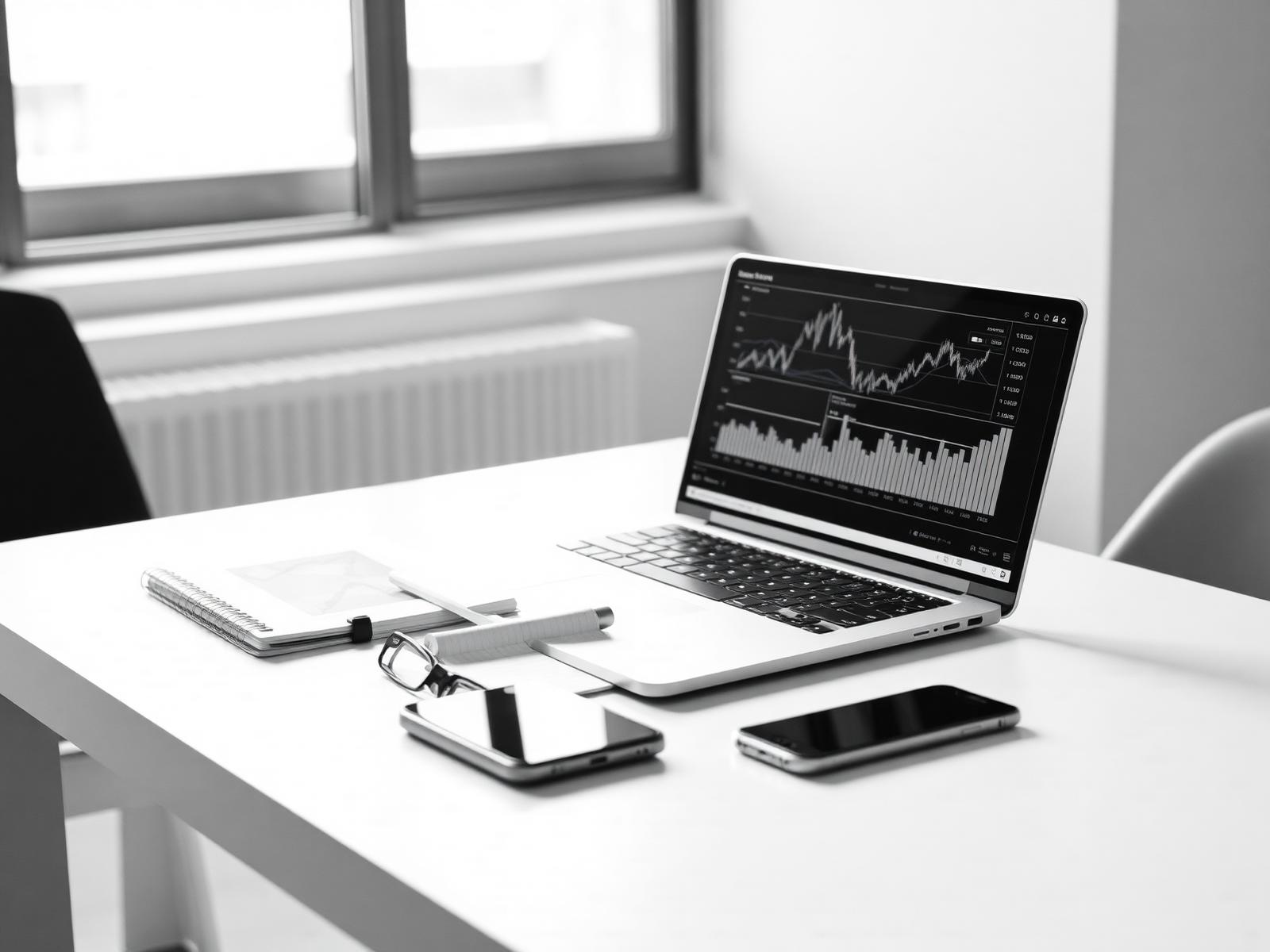 Laptop showing financial charts on a bright minimal desk beside a notebook and phone