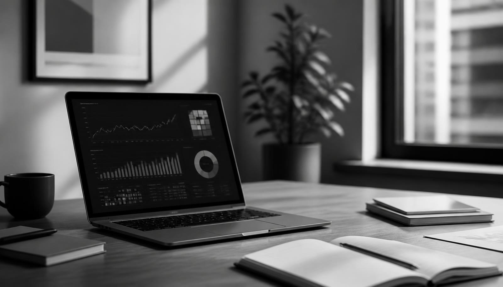 Laptop displaying an analytics dashboard on a minimal desk in soft daylight