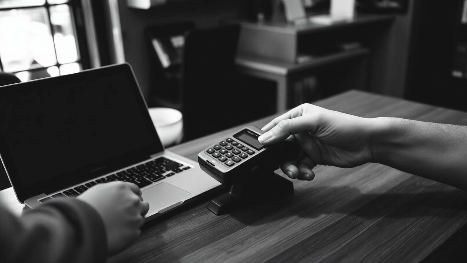 Hands passing a card payment terminal beside a laptop in a small business