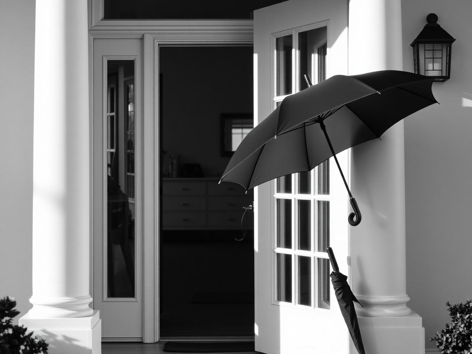 Open front door of a home with an umbrella resting beside the entrance in soft daylight