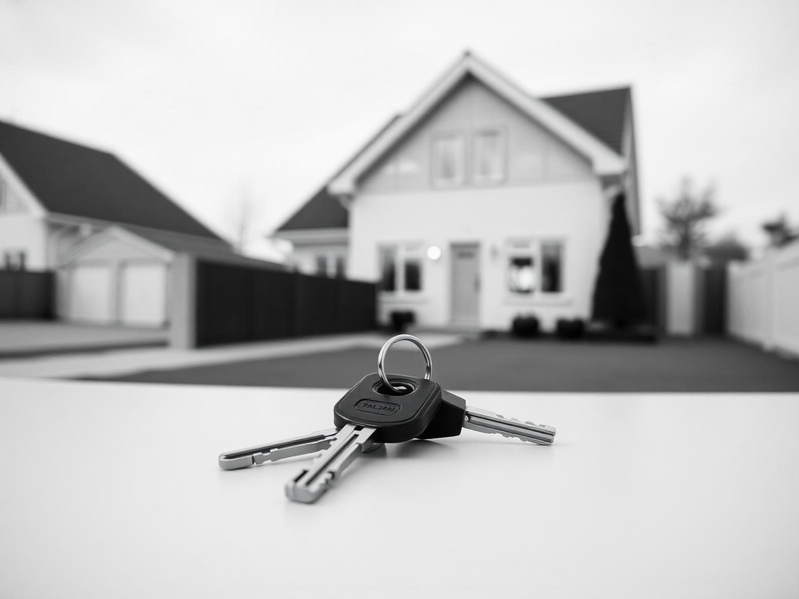 House keys resting on a plain table in front of a softly blurred suburban home