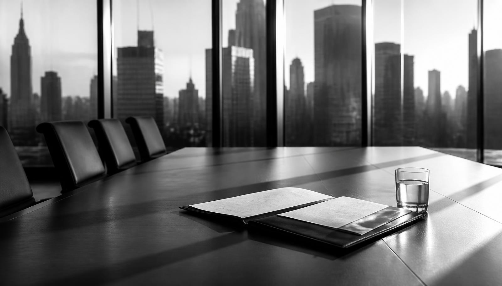 Empty boardroom table with an open document folder, city skyline visible through tall windows